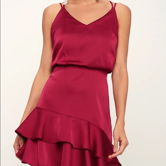 LULUS Red Satin Ruffle Mini Dress - Picture 1 of 10